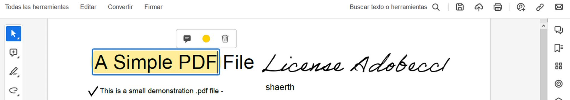 Acciones en una selección resaltada