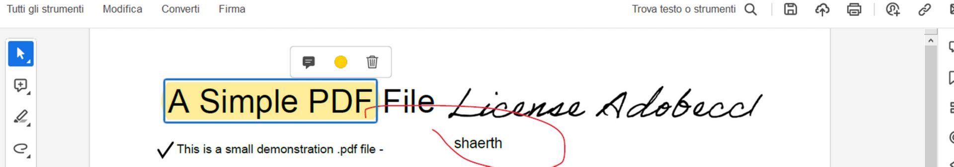 Azioni disponibili quando si seleziona un’evidenziazione
