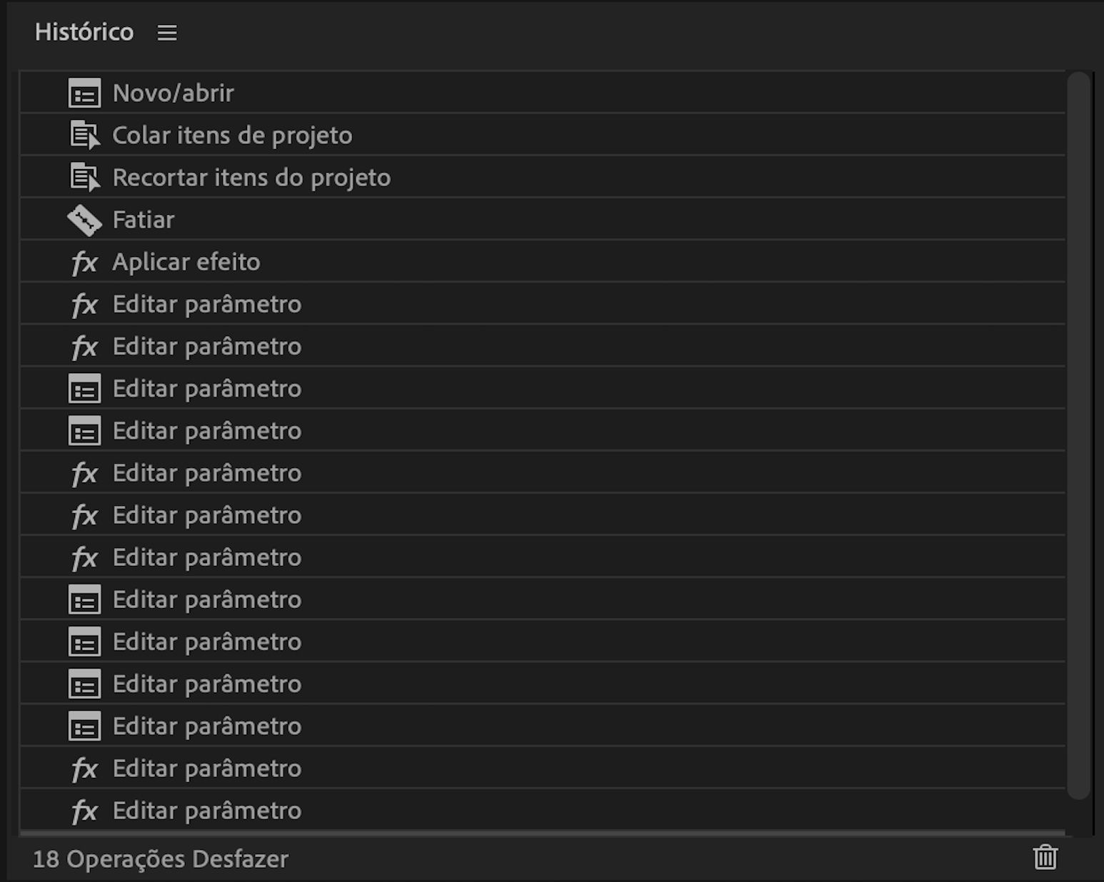 Conteúdos do painel Histórico