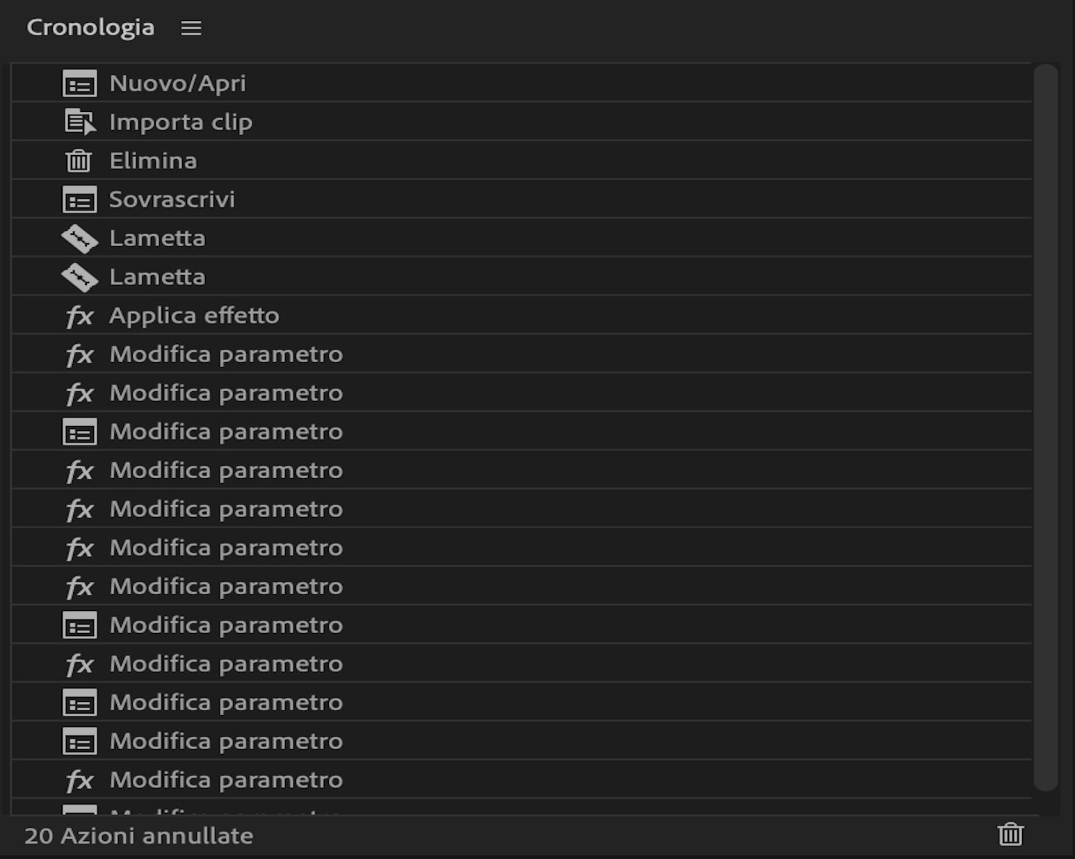 Contenuto del pannello Cronologia