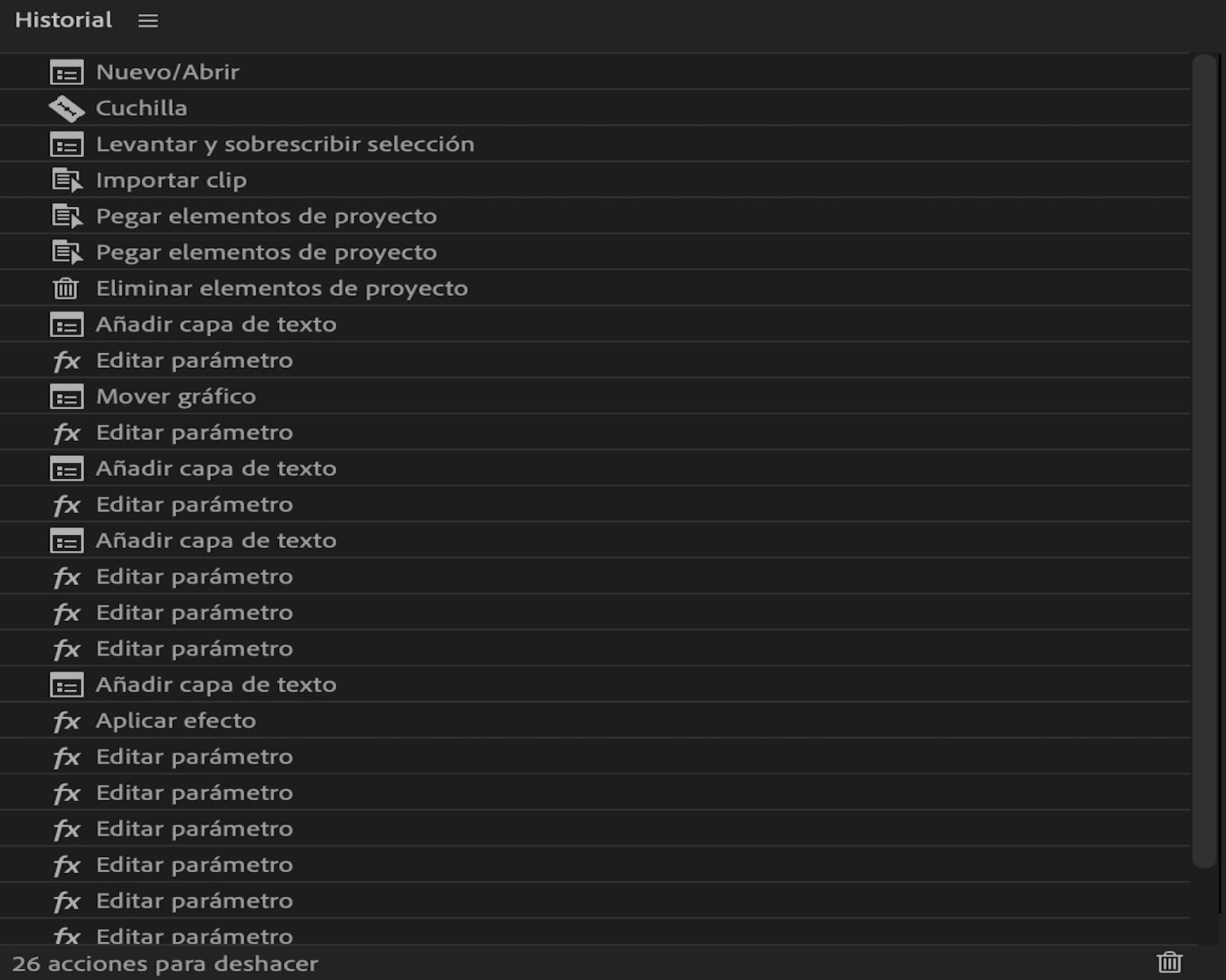 Contenido del panel Historial