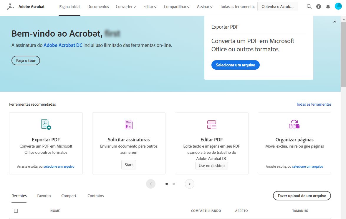 Página inicial do Adobe Acrobat