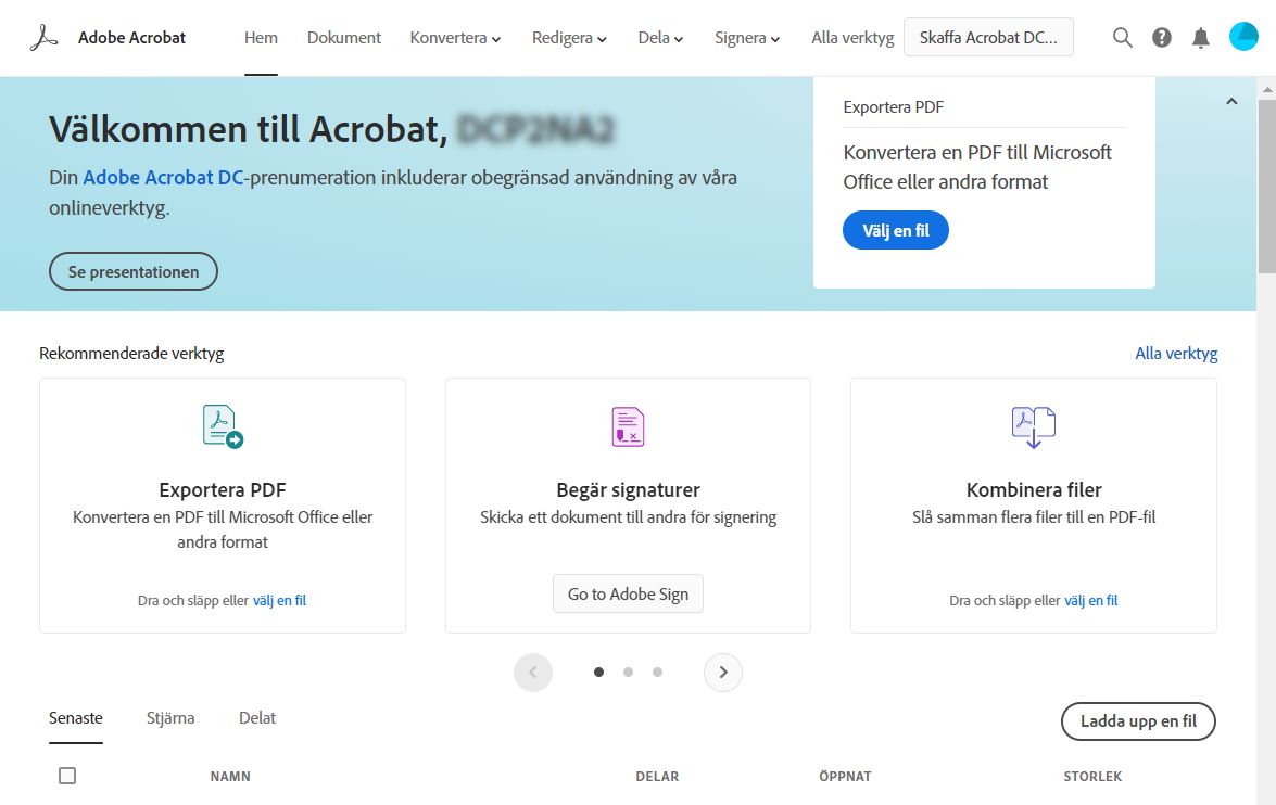 Startsidan i Adobe Acrobat