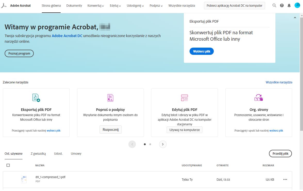 Strona główna programu Adobe Acrobat