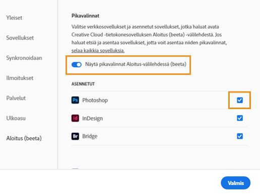 Ota Näytä pikavalinnat -asetus käyttöön