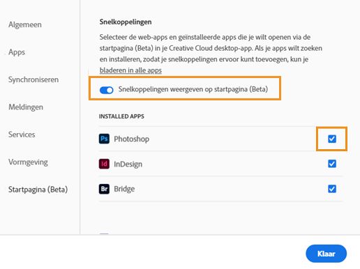 Snelkoppelingen weergeven inschakelen