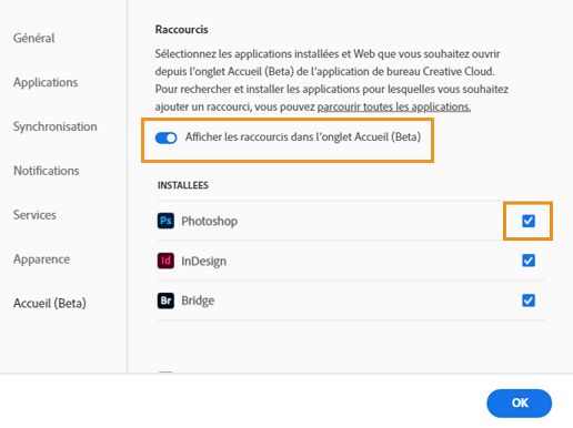 Activation de l’option « Afficher les raccourcis »