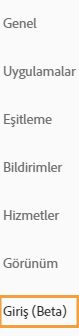 Giriş (Beta) seçeneğini belirleyin