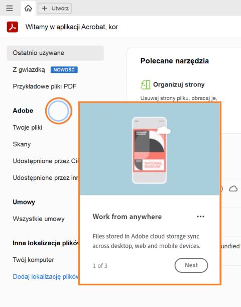 Prezentacja wprowadzająca do strony głównej programu Acrobat