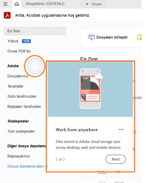 Acrobat Ana Sayfa başlangıç turu