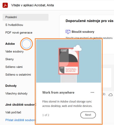Uvítací prohlídka domovské stránky aplikace Acrobat