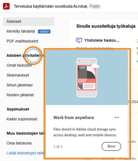 Acrobatin Aloitus-näytön käyttöönottoesittely
