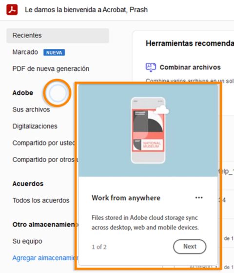 Recorrido de presentación de Acrobat Home