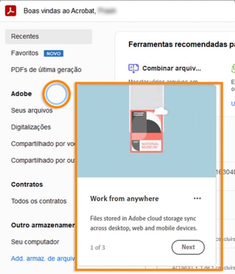 Tour de Integração da Página inicial do Acrobat