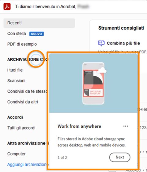 Tour di onboarding di Acrobat Home