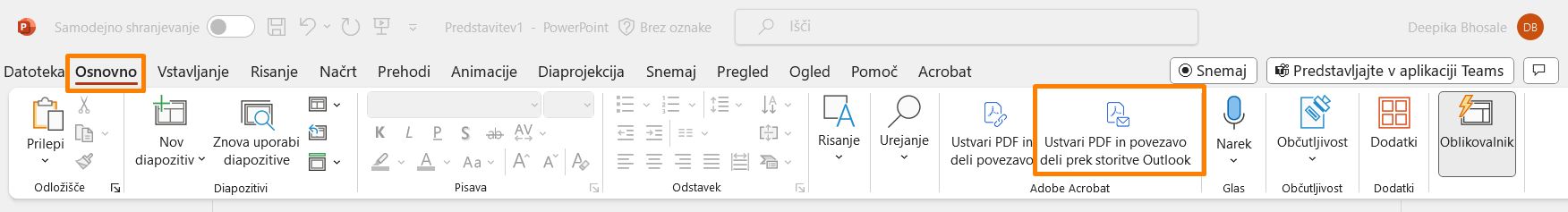 Ustvari PDF in povezavo deli prek storitve Outlook