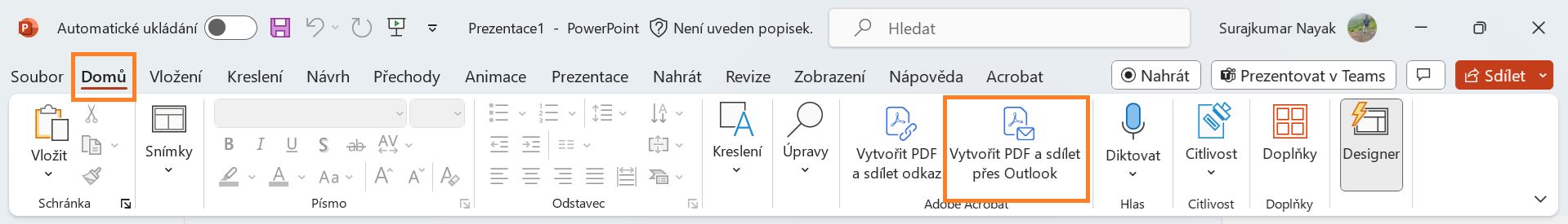 Vytvořit PDF a sdílet přes Outlook