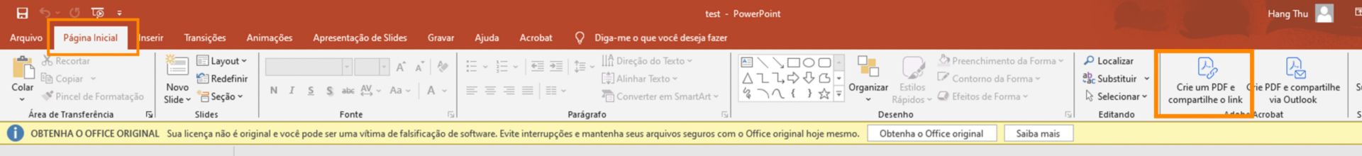 Criar PDF e compartilhar via Outlook