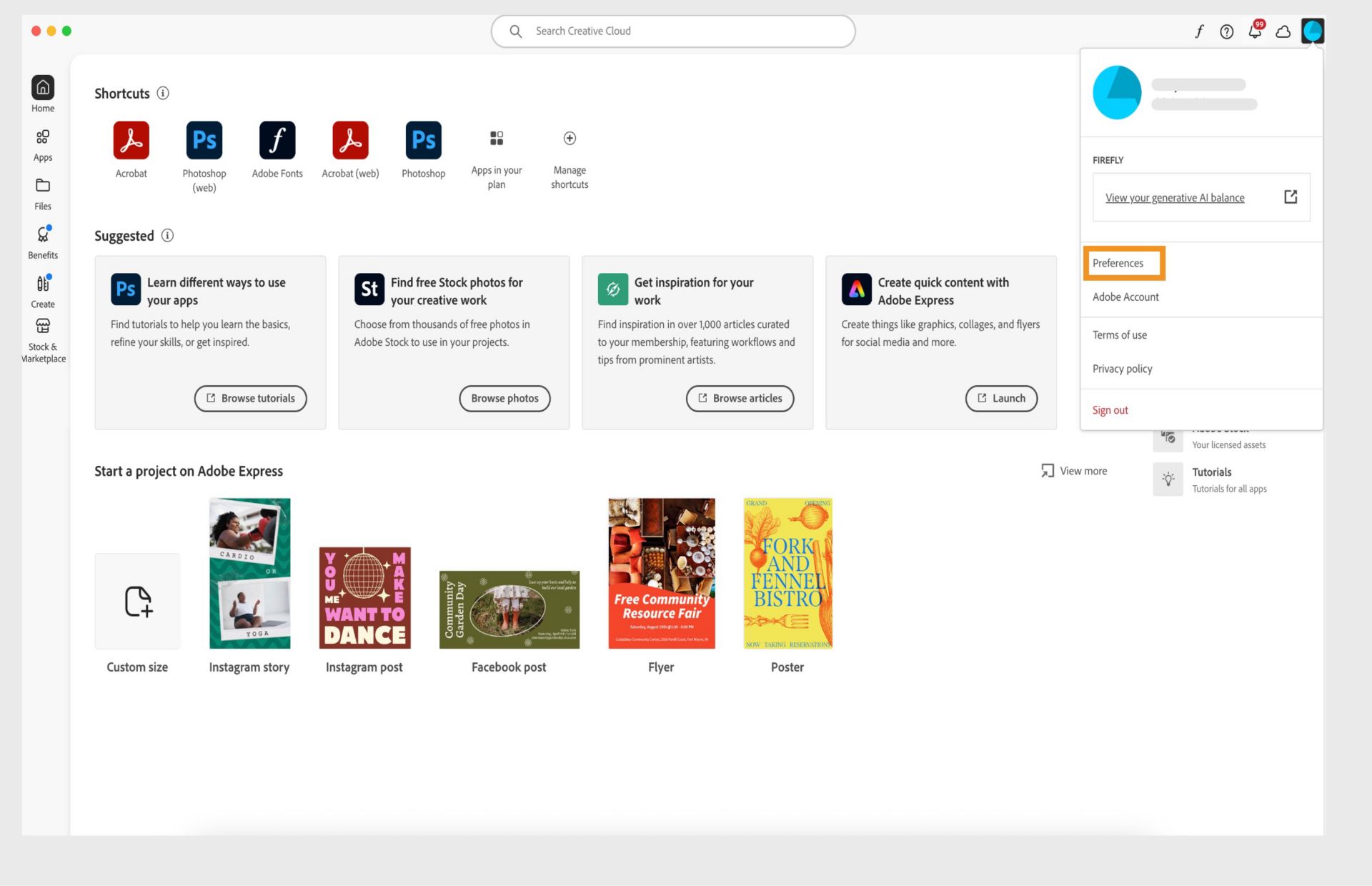 Menu Akun menampilkan opsi seperti Preferensi, Logout, dan kredit generatif bulanan untuk fitur Gen AI. 