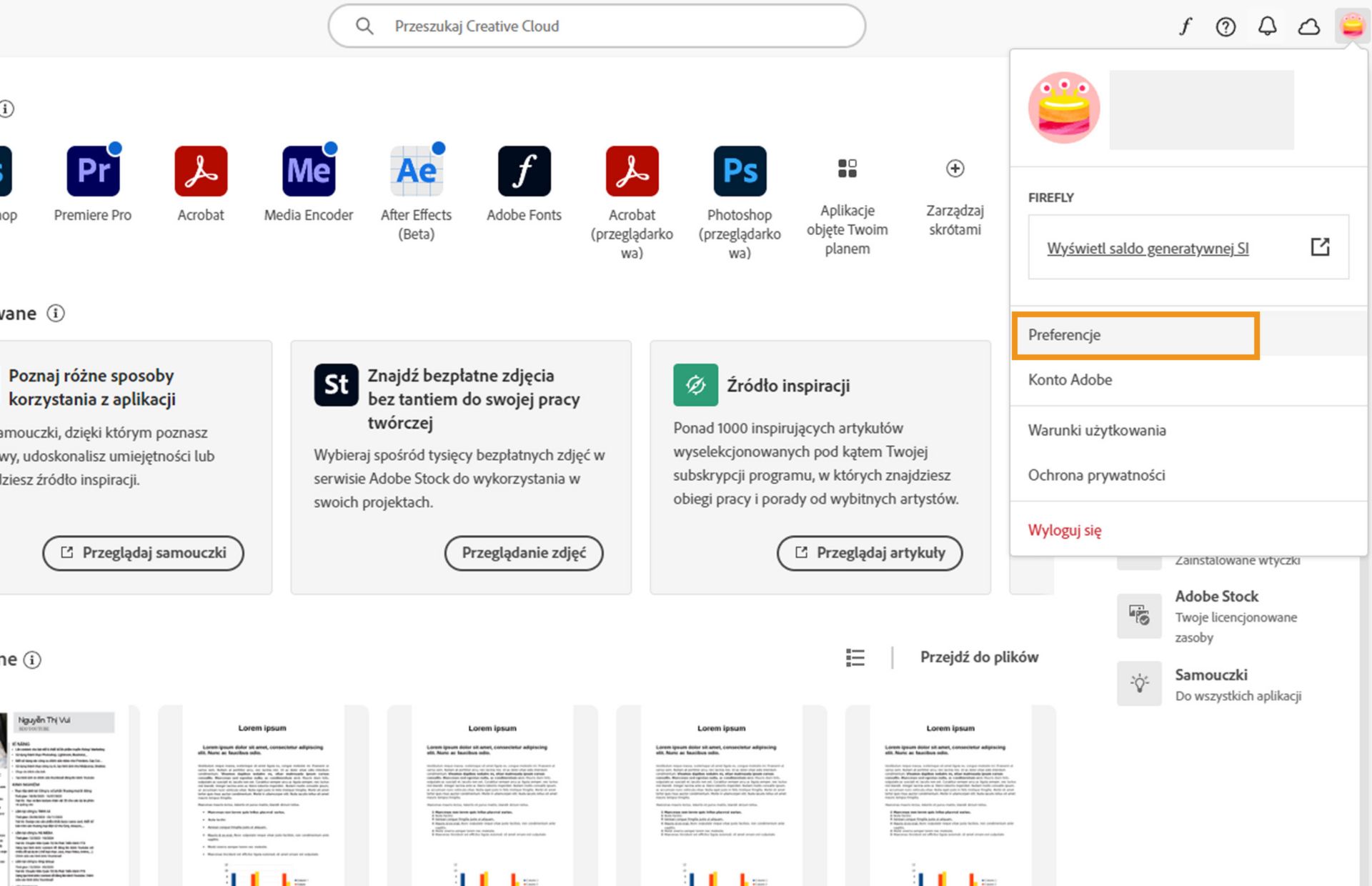 Menu Konto zawiera opcje takie jak Preferencje, Wyloguj się i liczba miesięcznych kredytów generatywnych na funkcje generatywnej SI. 