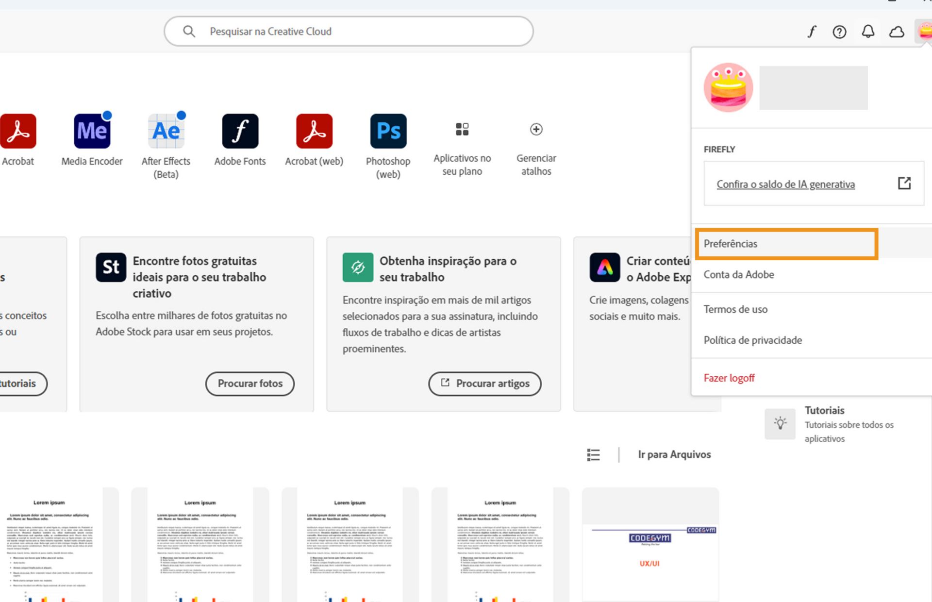 O menu Conta mostra opções como Preferências, Fazer logoff e os créditos generativos mensais de recursos da IA generativa. 