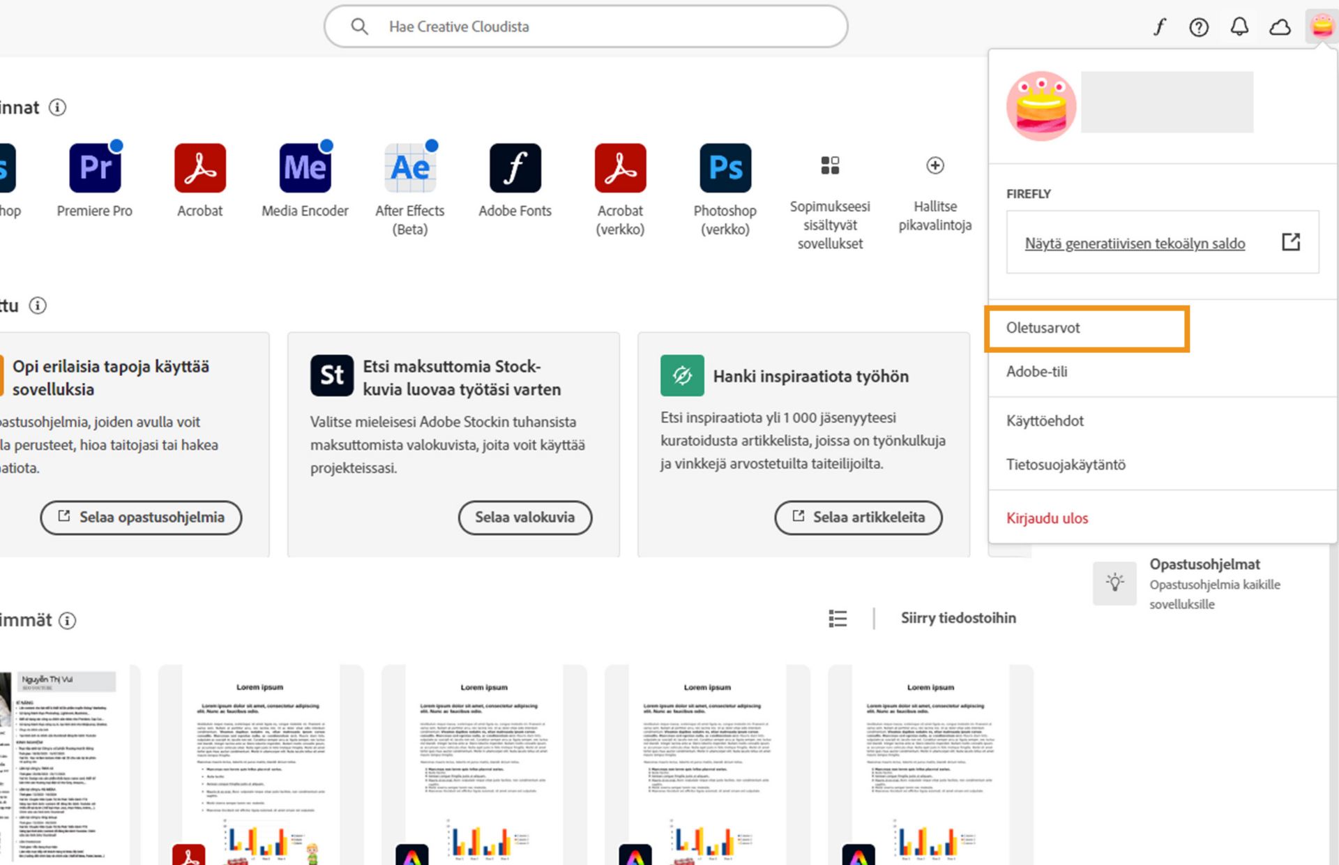 Tili-valikko, joka sisältää vaihtoehtoja, kuten Asetukset, Kirjaudu ulos ja generatiivisten tekoälyominaisuuksien kuukausittaiset generointikrediitit. 