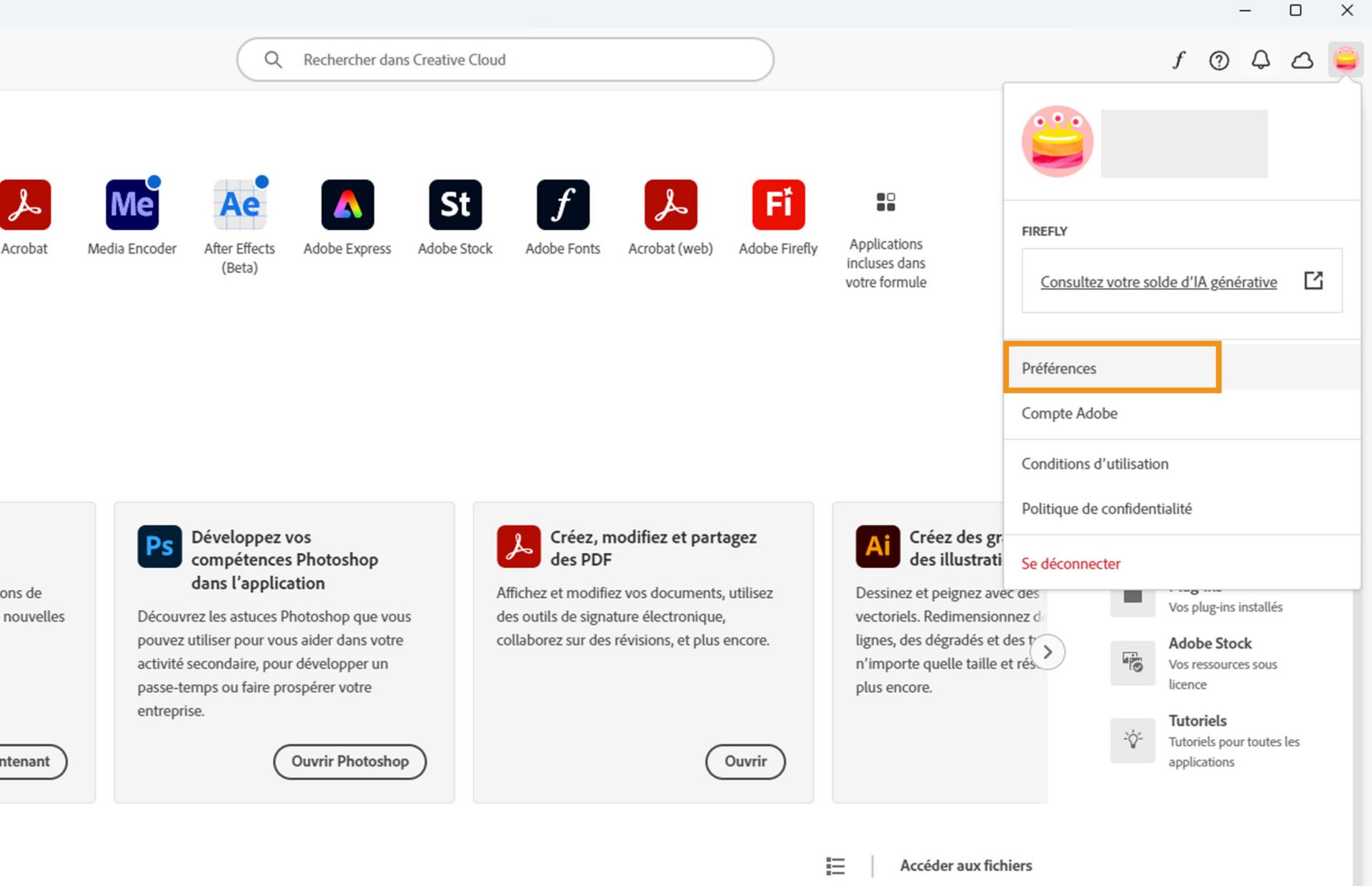 Le menu Compte affiche des options telles que Préférences, Déconnexion et Crédits mensuels génératifs pour les fonctionnalités d’IA générative. 