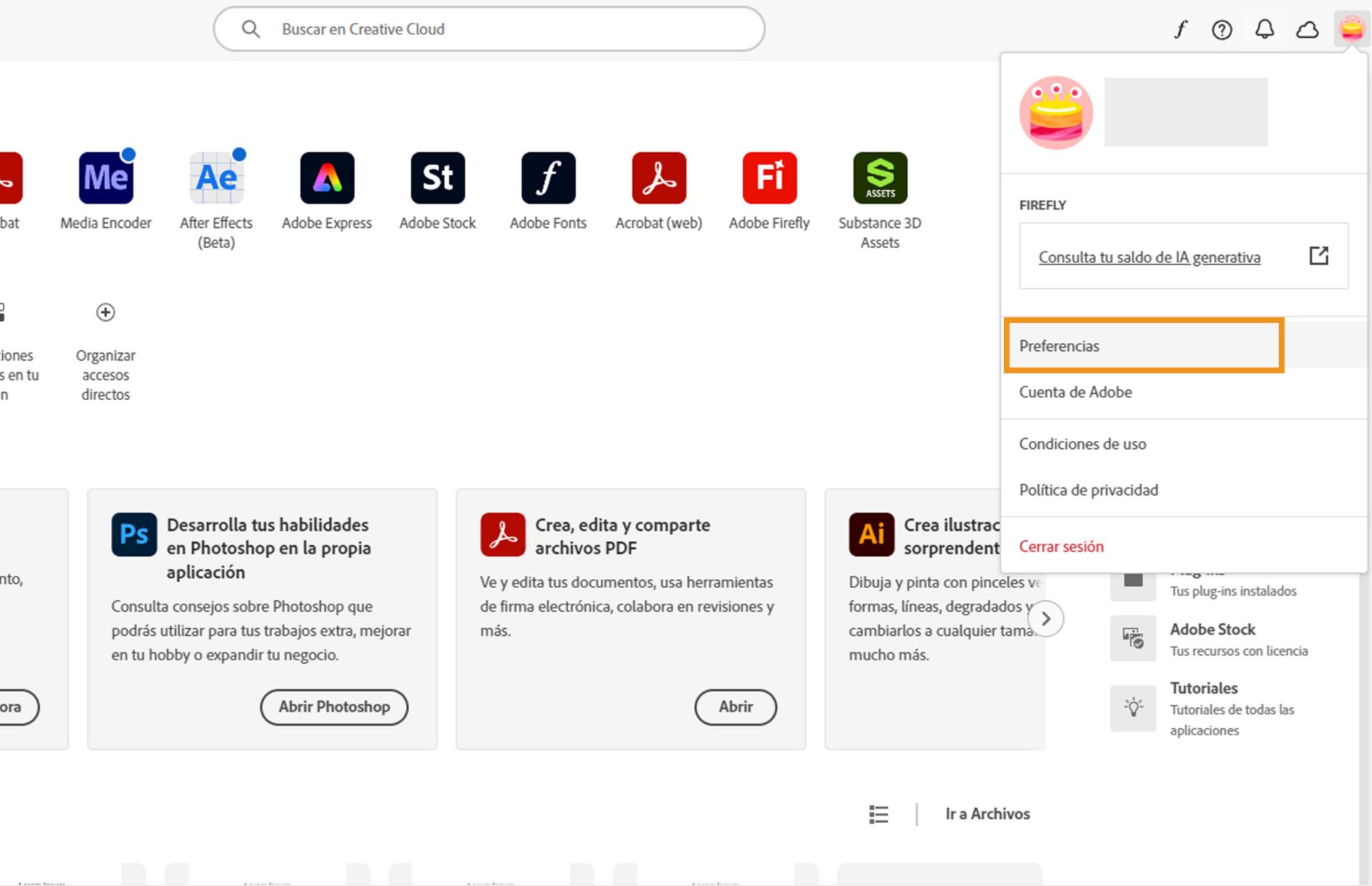 El icono del menú Cuenta en la esquina superior derecha de la aplicación de Creative Cloud proporciona la opción de seleccionar las preferencias de la aplicación.