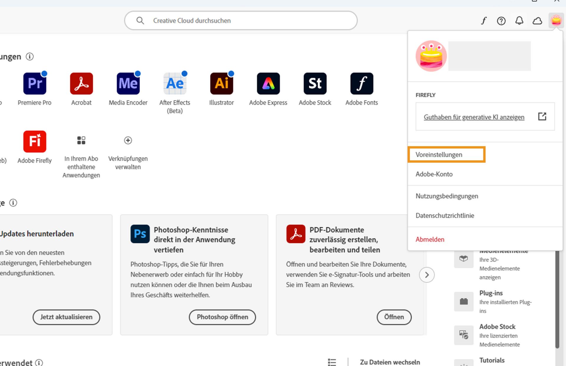 Das Konto-Menü-Symbol in der oberen rechten Ecke der Creative Cloud-Desktop-Applikation bietet die Möglichkeit, App-Einstellungen auszuwählen.