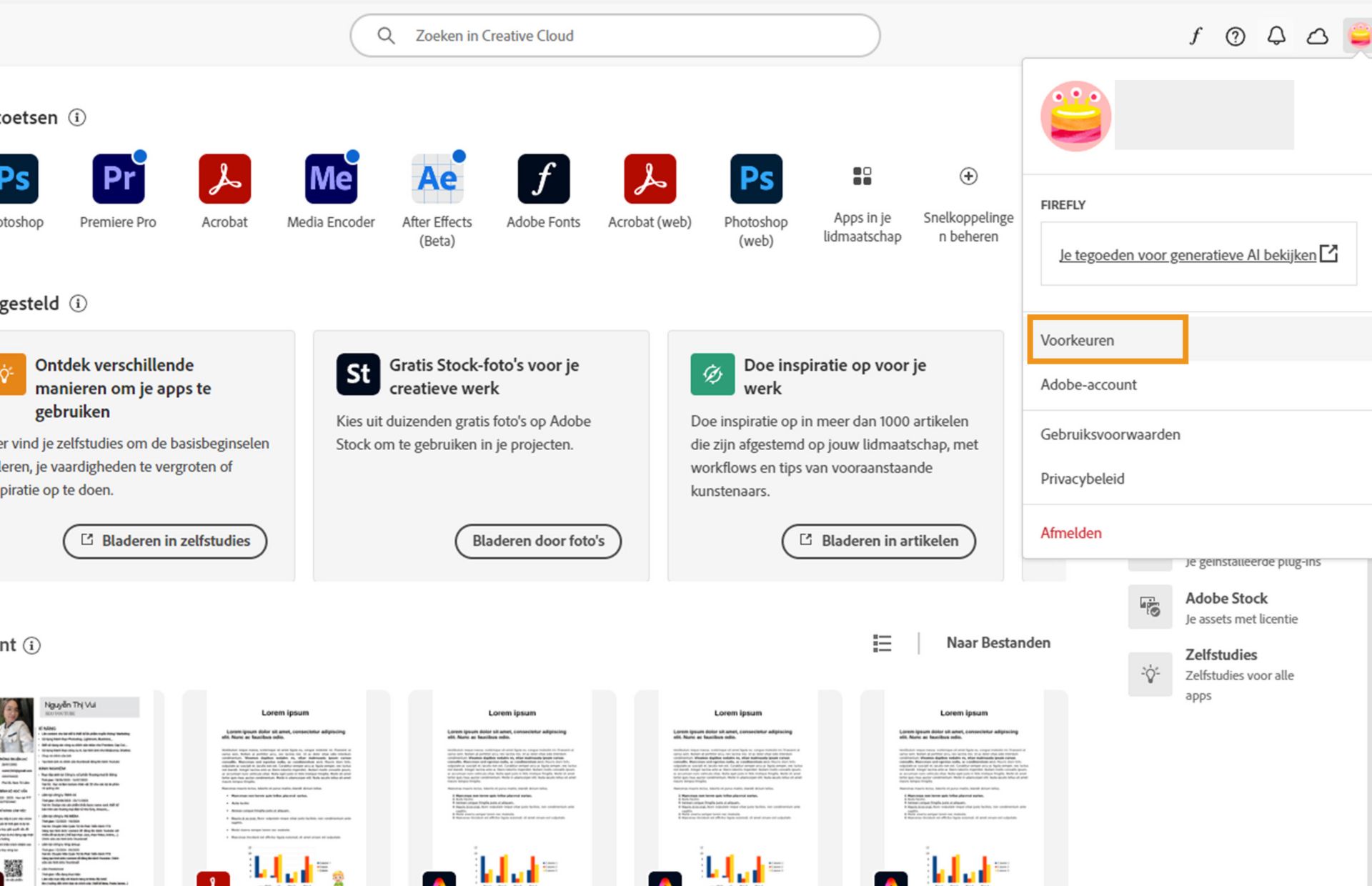 De Creative Cloud desktopapplicatie toont het account-vervolgkeuzemenu met een markering over de optie Voorkeuren.