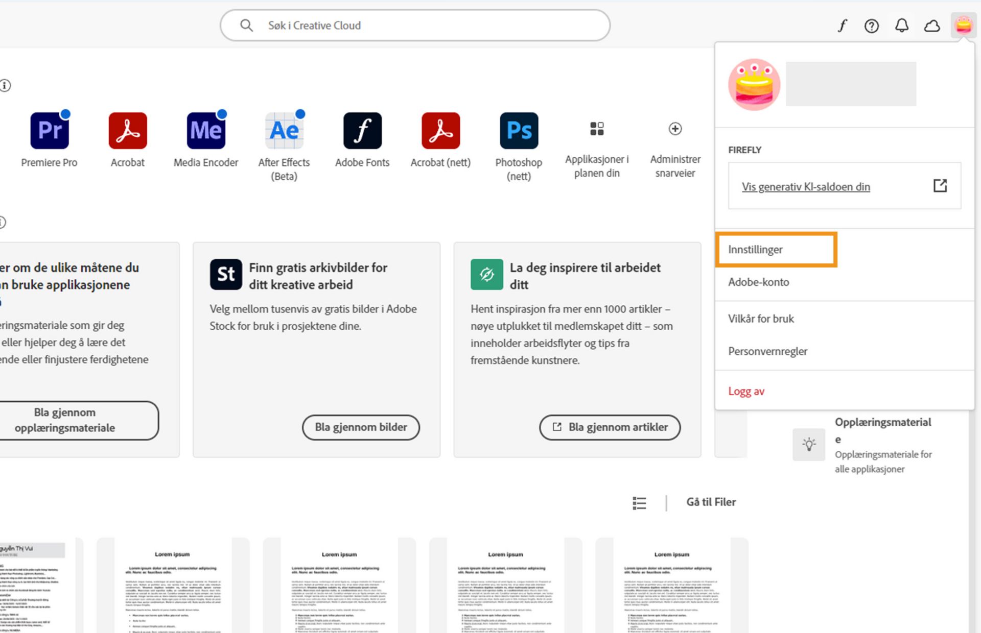 Creative Cloud-appen viser rullegardinmenyen for konto med et uthevet valg over Innstillinger-alternativet.