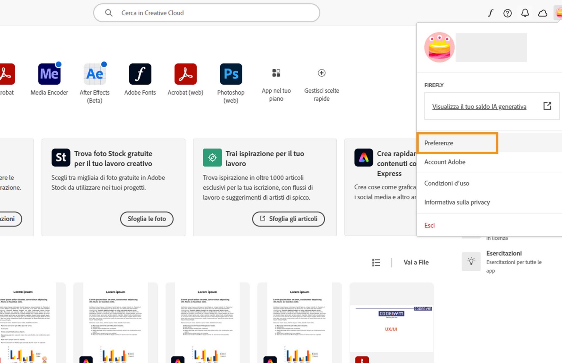 L’app Creative Cloud mostra il menu a discesa dell’account con evidenziata l’opzione Preferenze.