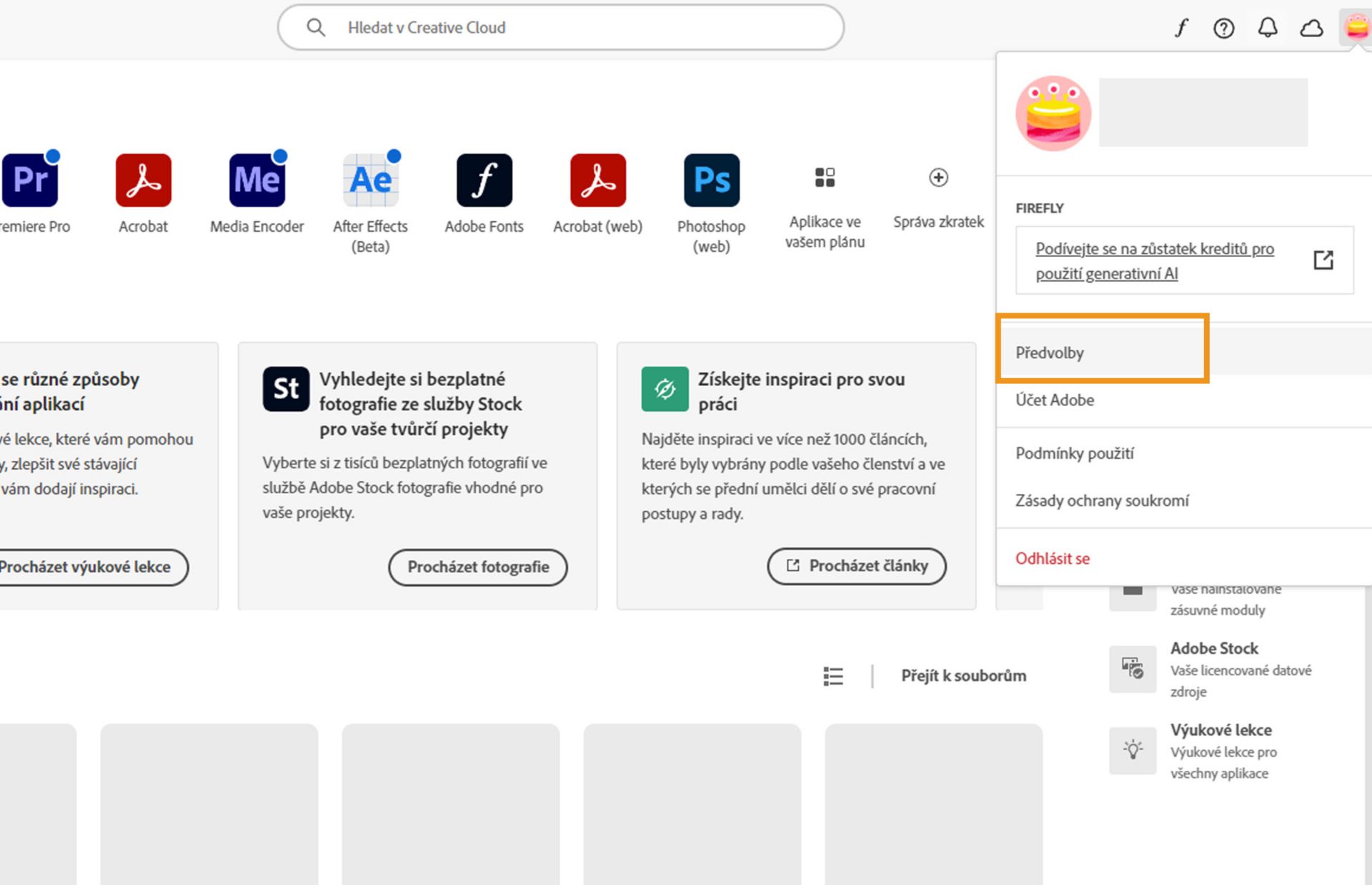 Aplikace Creative Cloud pro počítače zobrazuje rozbalovací nabídku účtu se zvýrazněnou možností Nastavení.