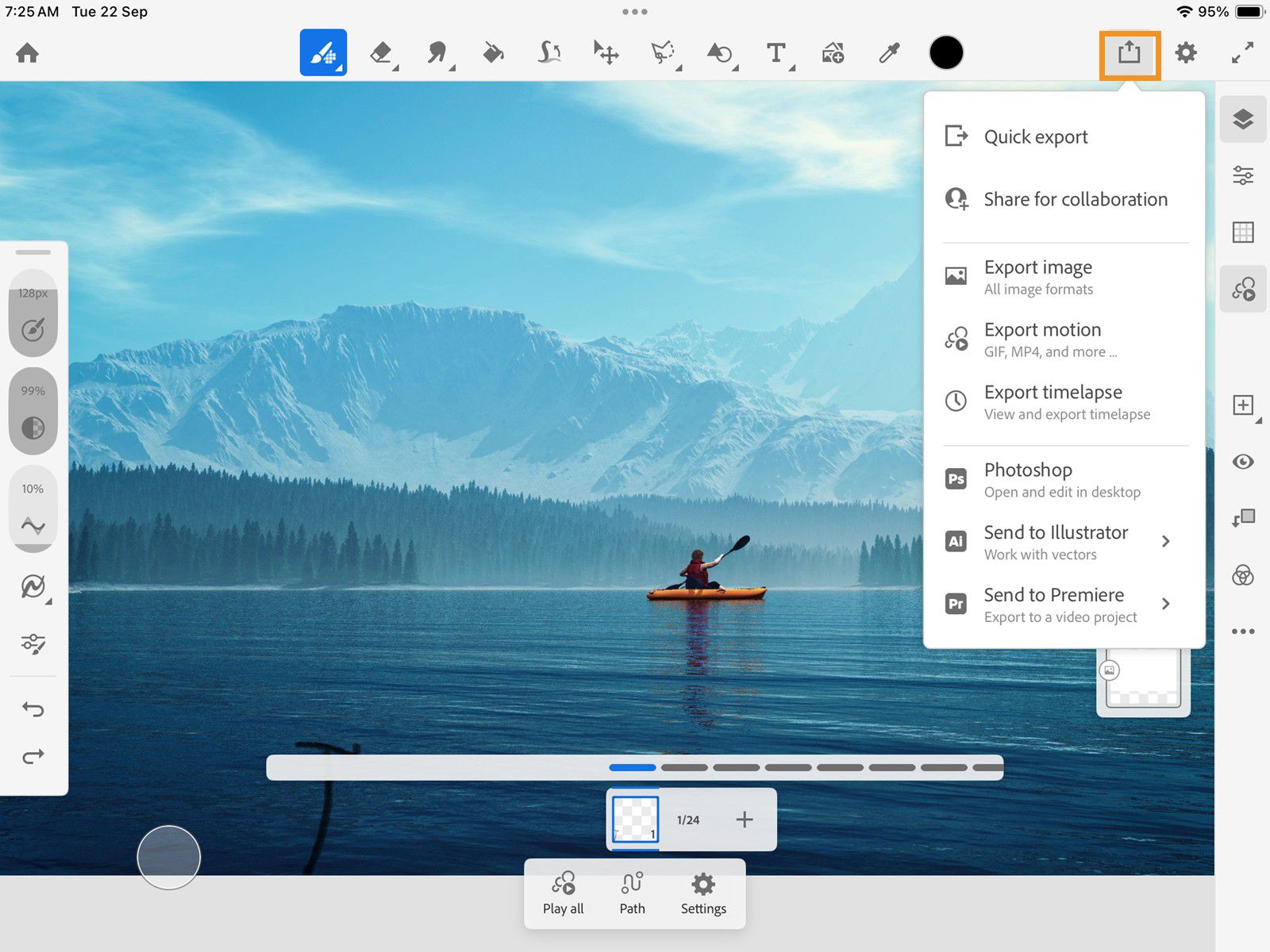  Share menu showing options to export images, motion, and timelapse files, collaborate, or send artwork to Adobe apps.