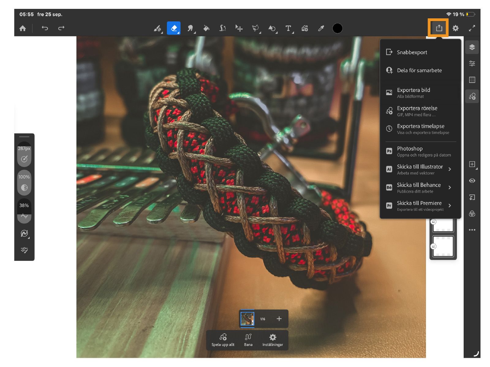  Dela-menyn visar alternativ för att exportera bilder, rörelsefiler och timelapse-filer, samarbeta eller skicka konstverk till Adobe-appar.
