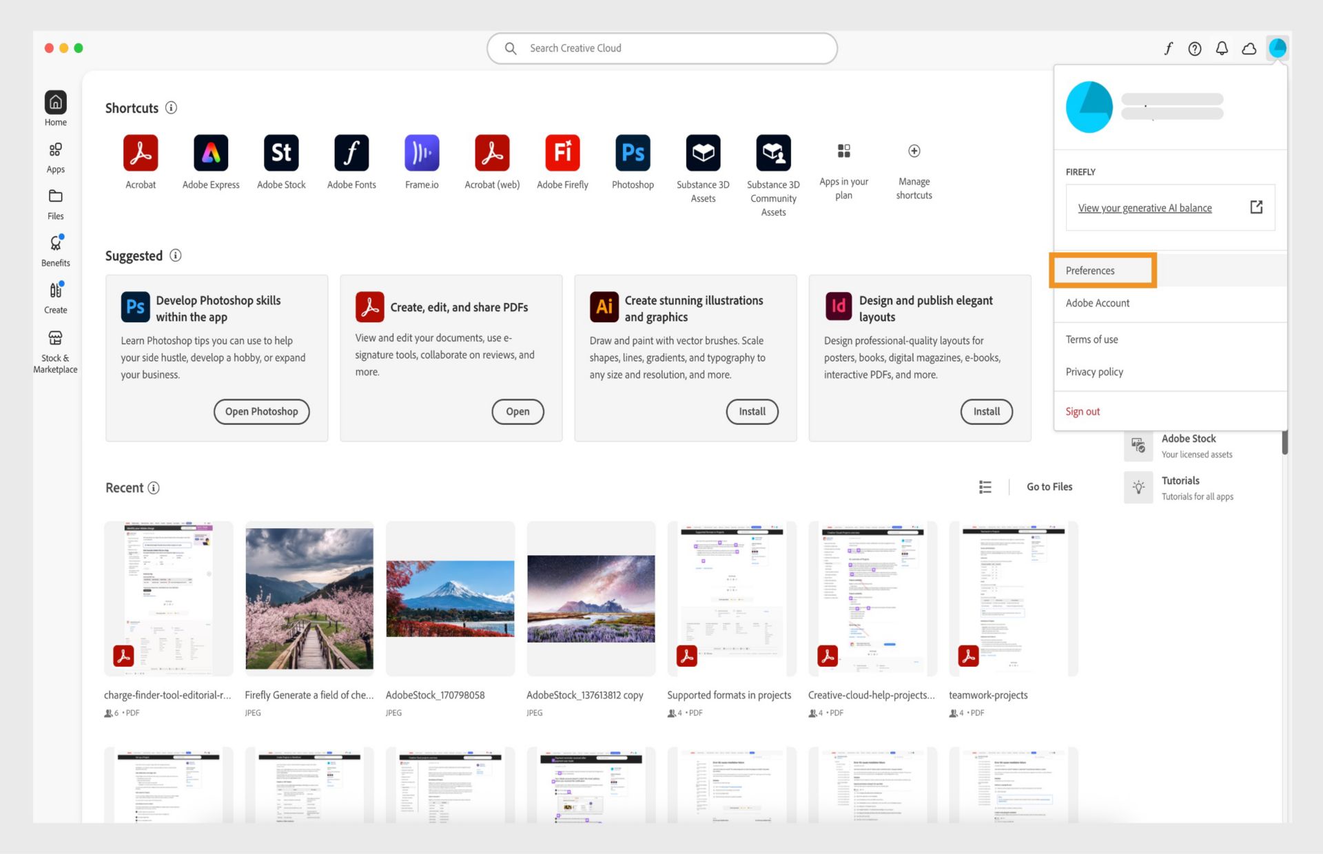 Creative Cloud desktop app displays the account drop-down menu with a highlight over the Preferences option.