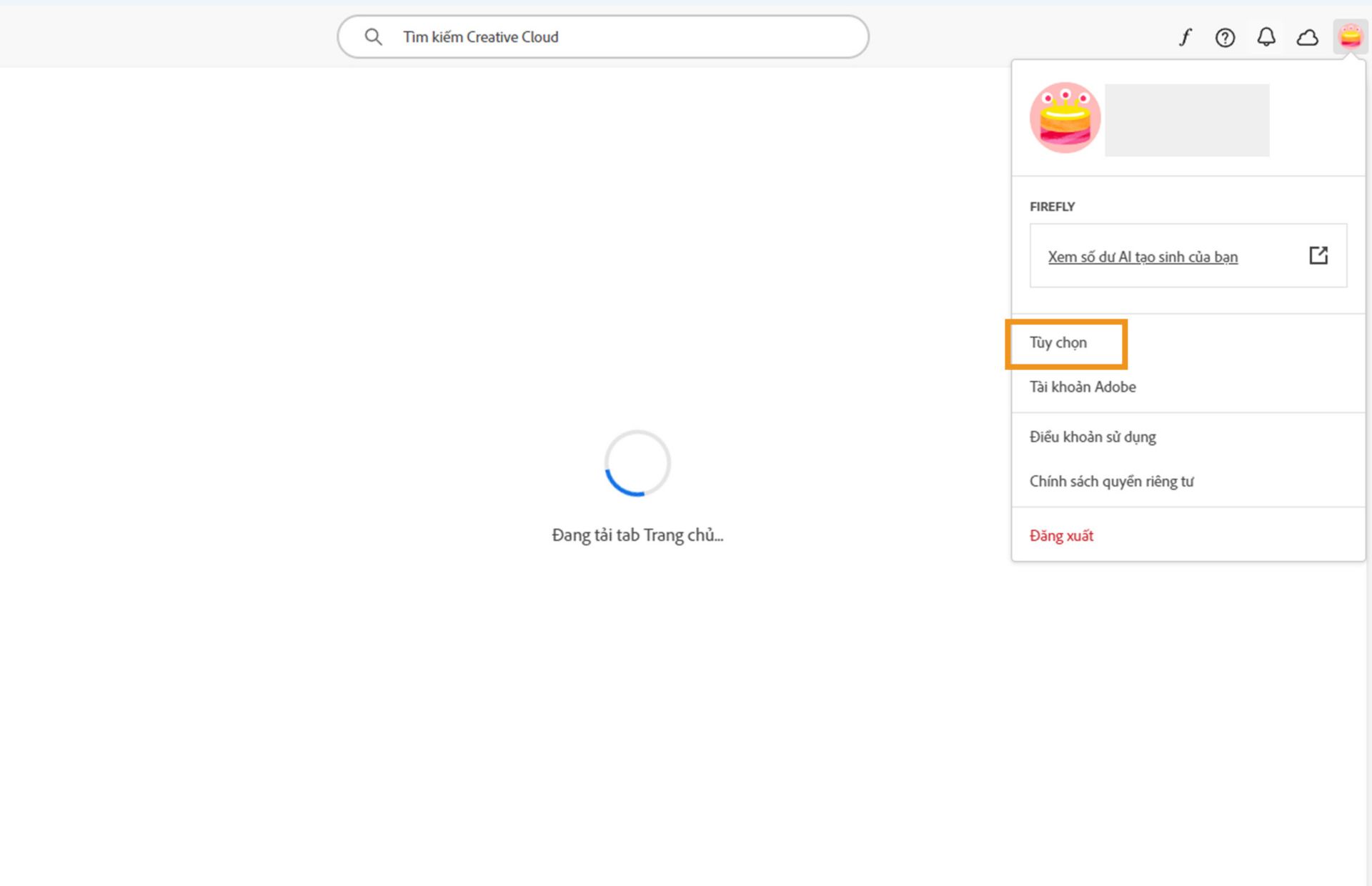 Ứng dụng Creative Cloud trên máy tính hiển thị menu thả xuống tài khoản với phần tô sáng trên option Tùy chọn.