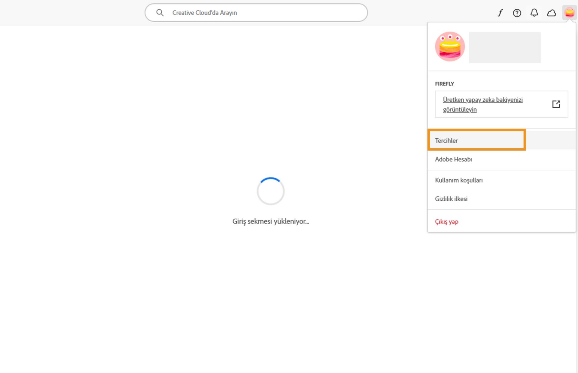 Creative Cloud masaüstü uygulaması, Ayarlar seçeneği üzerinde vurgu yapılmış hesap açılır menüsünü görüntüler.