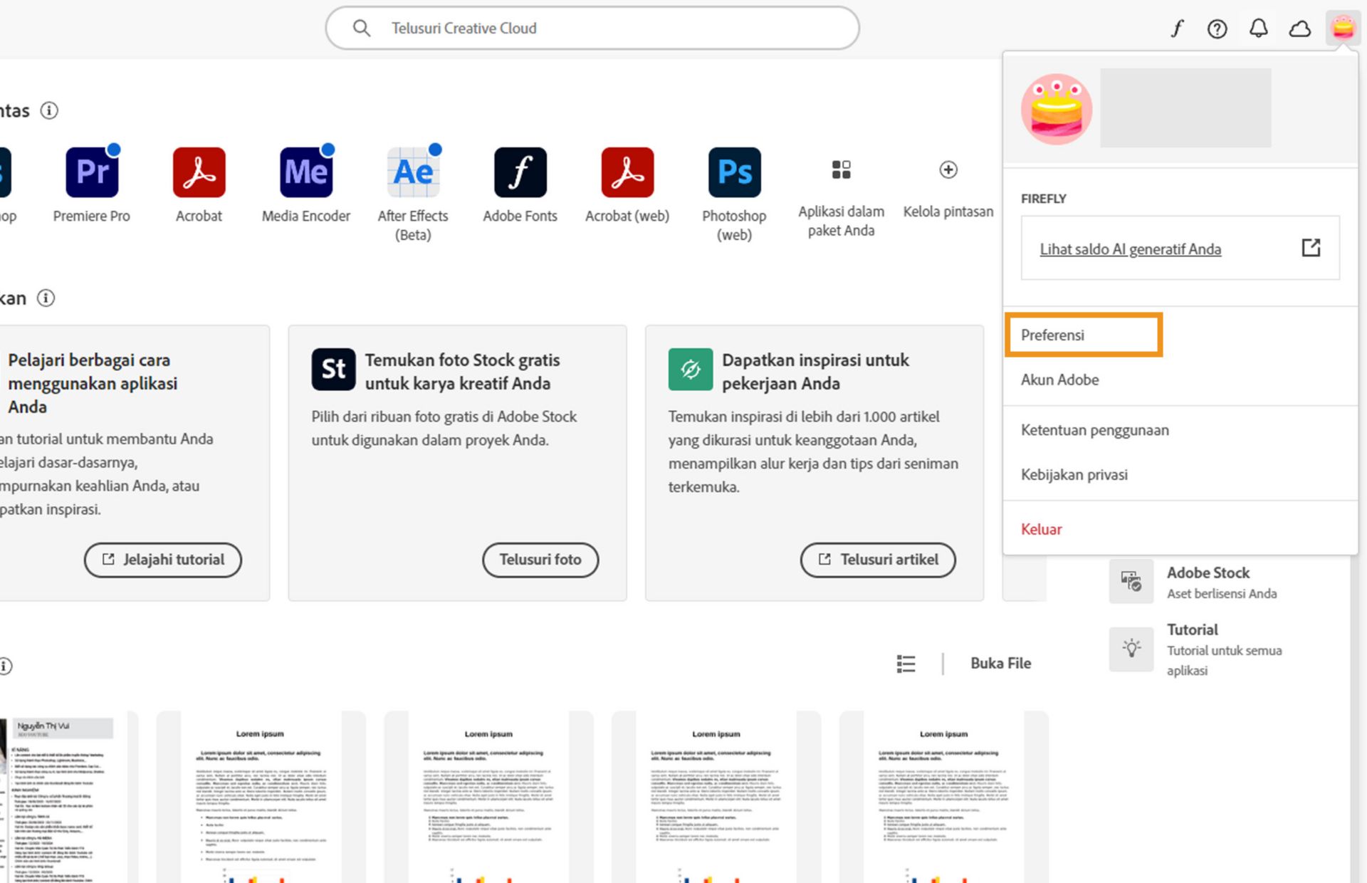 Aplikasi Creative Cloud Desktop menampilkan menu drop-down akun dengan sorotan pada opsi Pengaturan.