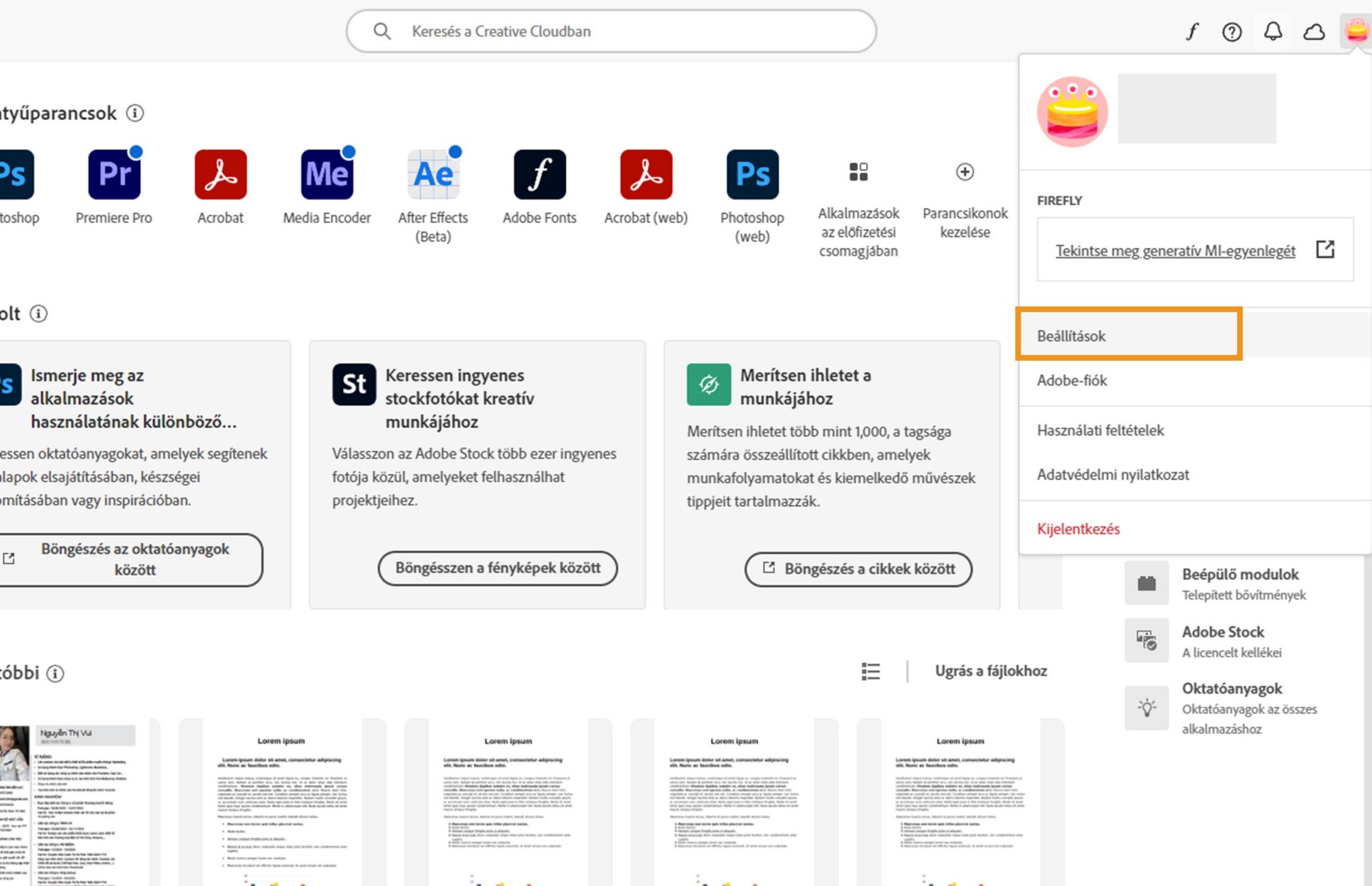 A Creative Cloud alkalmazás megjeleníti a fiók legördülő menüjét, kiemelve a Beállítások opciót.