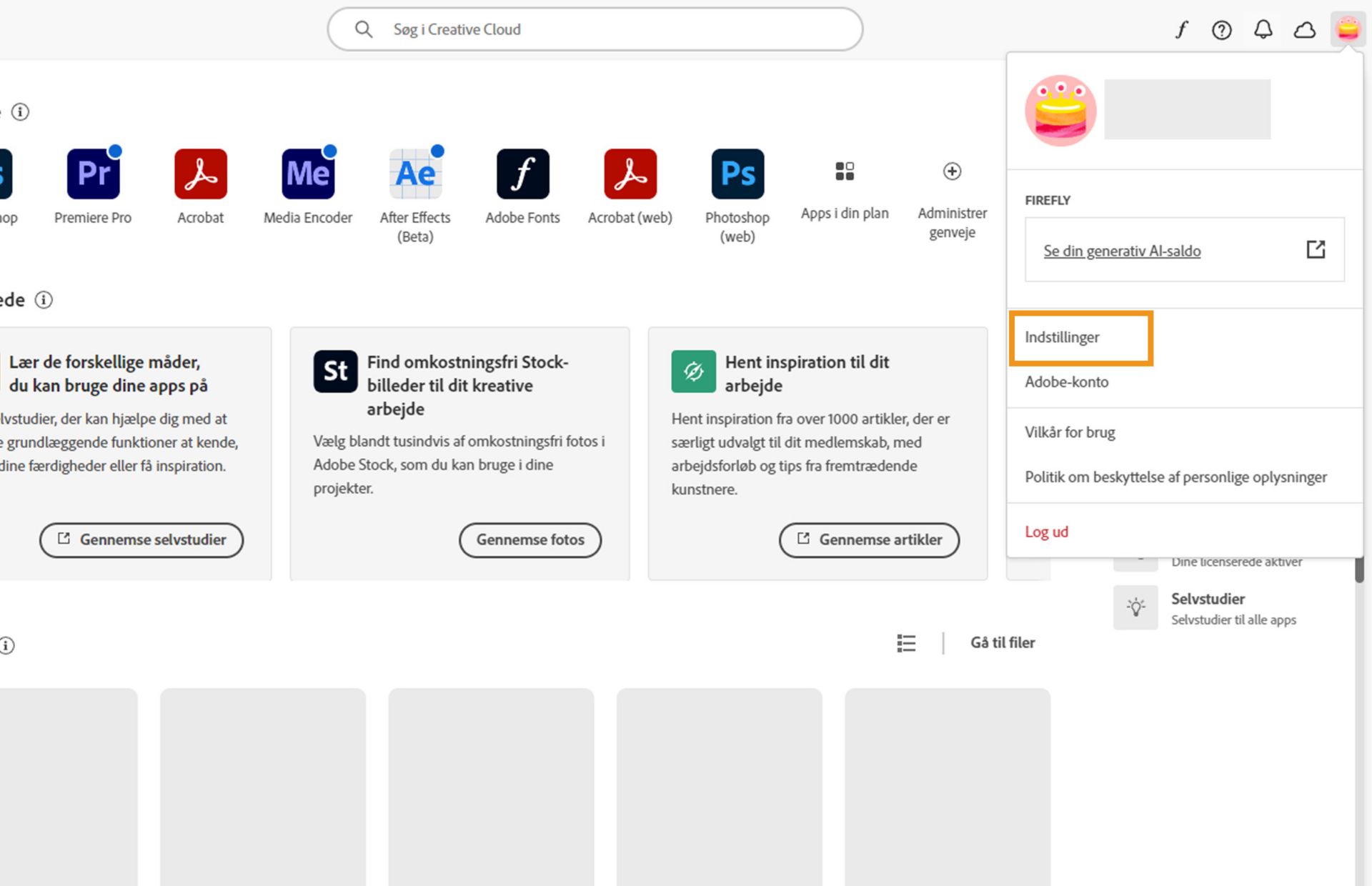 Creative Cloud Desktop-app viser kontorullemenuen med fremhævning over indstillingen Indstillinger.