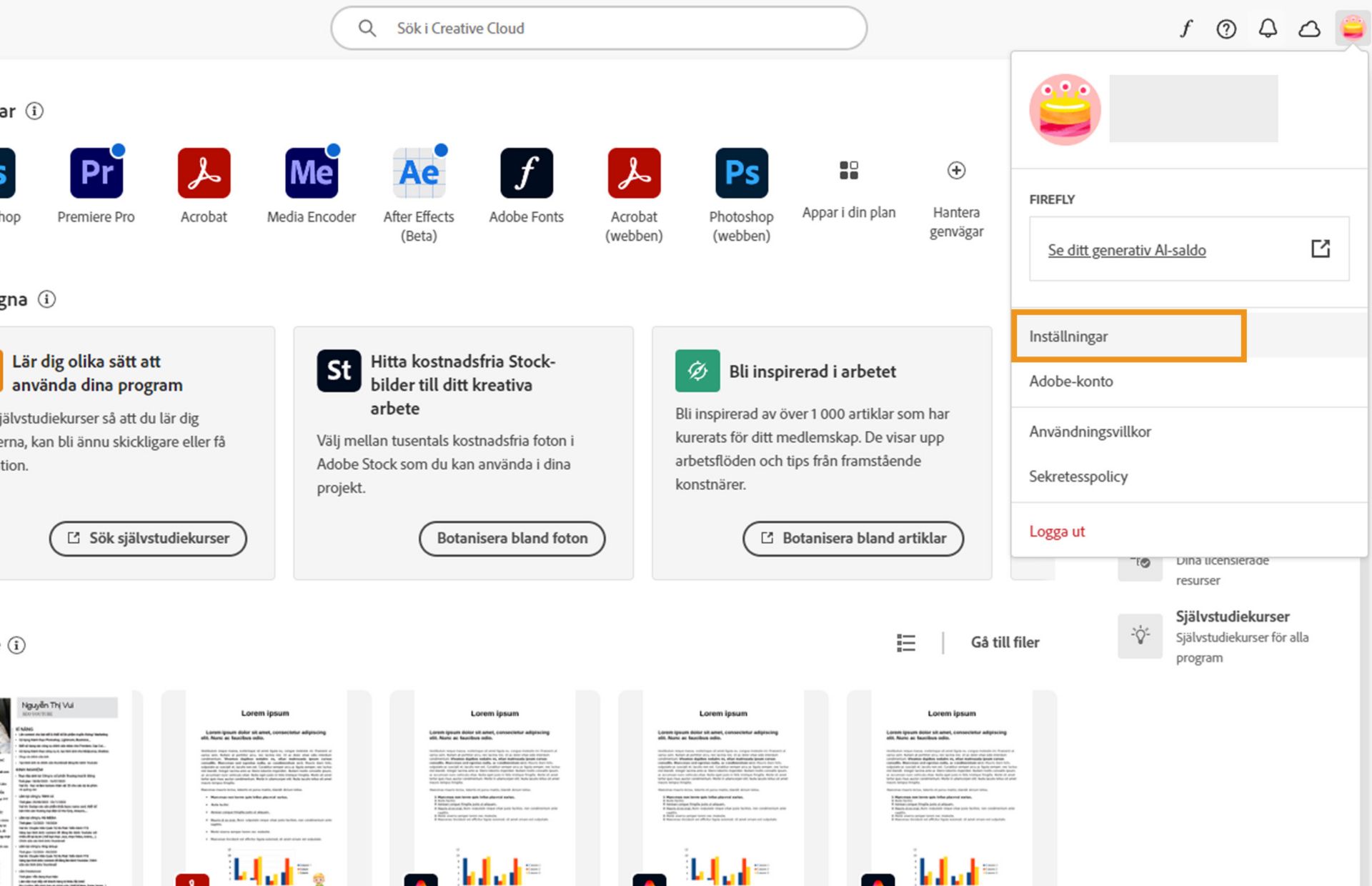 Creative Cloud-datorprogrammet visar kontots rullgardinsmeny med en markering över alternativet Inställningar.