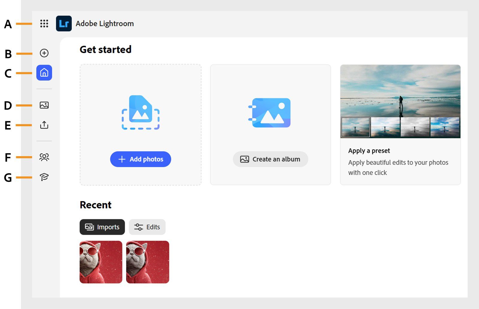 The home screen is shown with options to switch apps, import images, create and share albums, explore community and learning topics.
