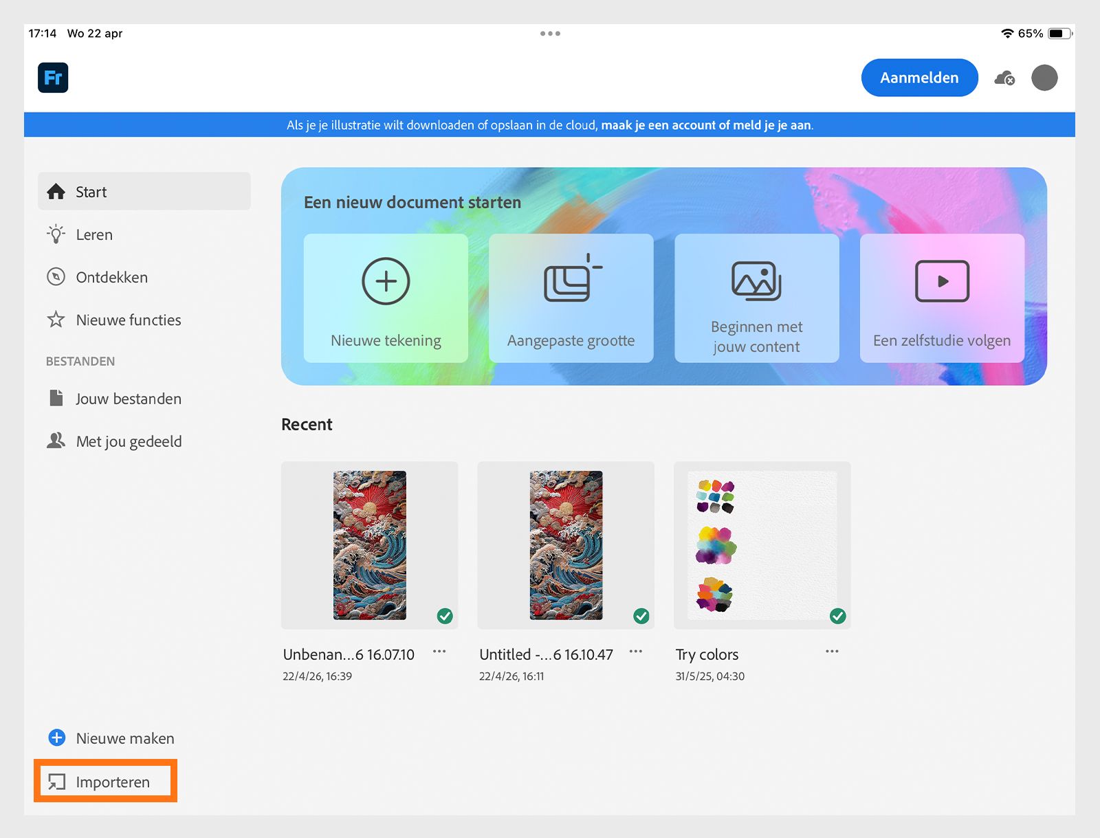 Startscherm met snelstarttegels voor een nieuwe tekening, aangepaste grootte, starten vanuit inhoud en tutorialopties.