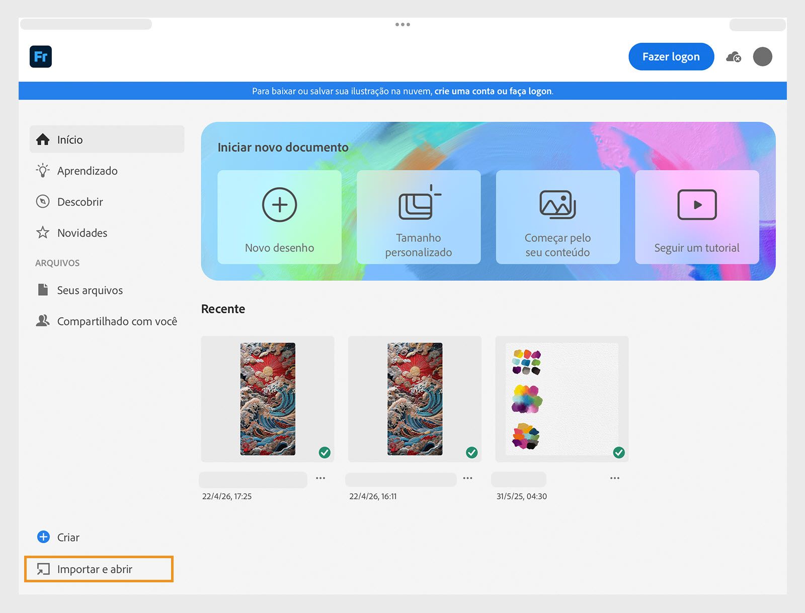 Tela inicial mostrando blocos de início rápido para novo desenho, tamanho personalizado, iniciar a partir do conteúdo e opções de tutorial.
