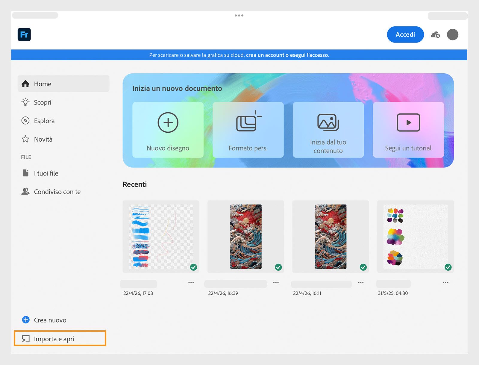 Schermata Home che mostra i riquadri di avvio rapido per nuovo disegno, dimensioni personalizzate, inizia dal contenuto e opzioni tutorial.