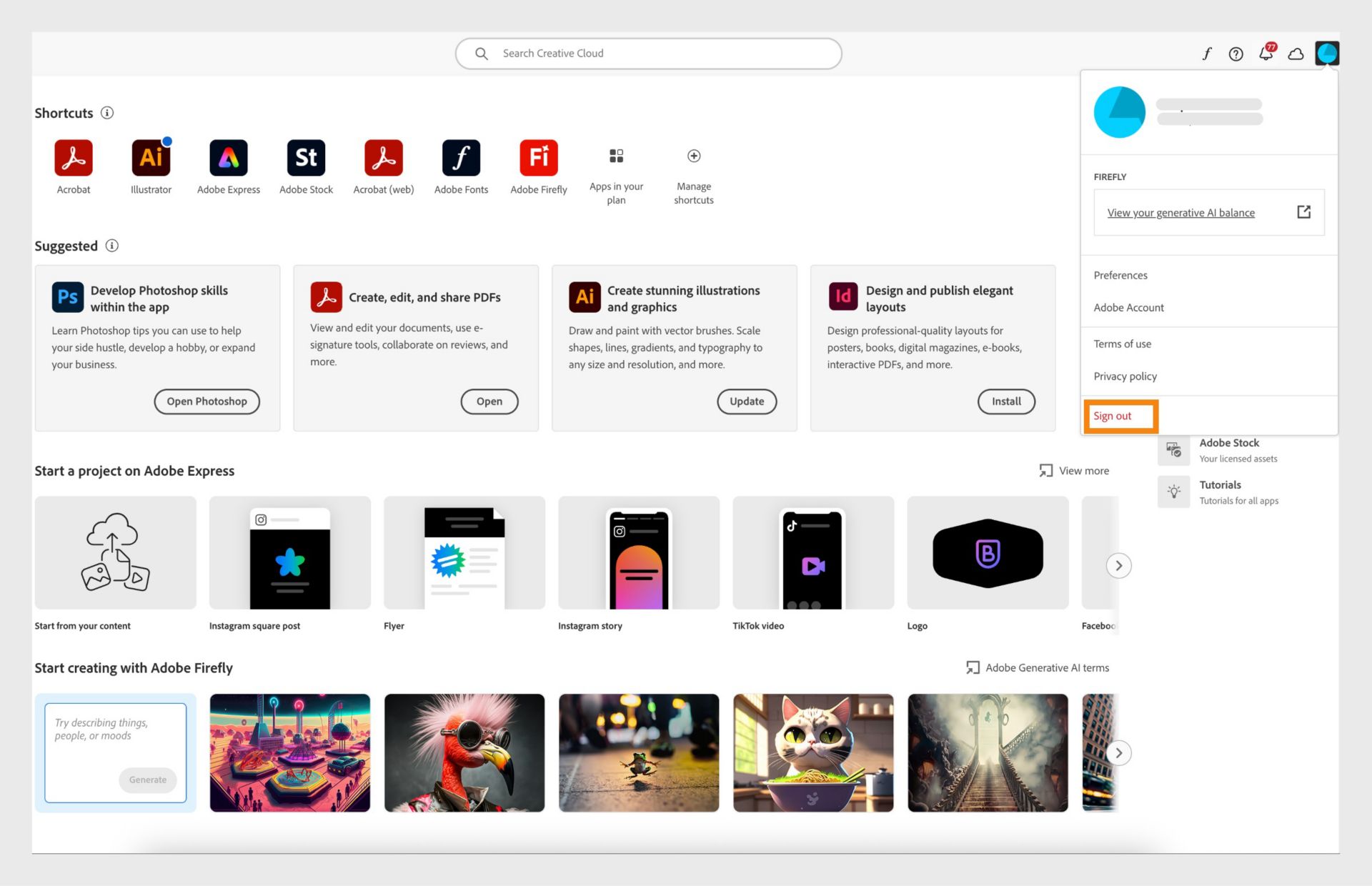 يوفر زر قائمة الحساب المتاح في الزاوية العلوية اليمنى خيار تسجيل الخروج من تطبيق Creative Cloud الخاص بك.