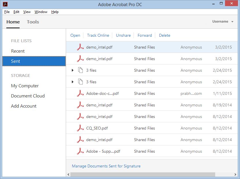 Weergave met verzonden bestanden  in Acrobat