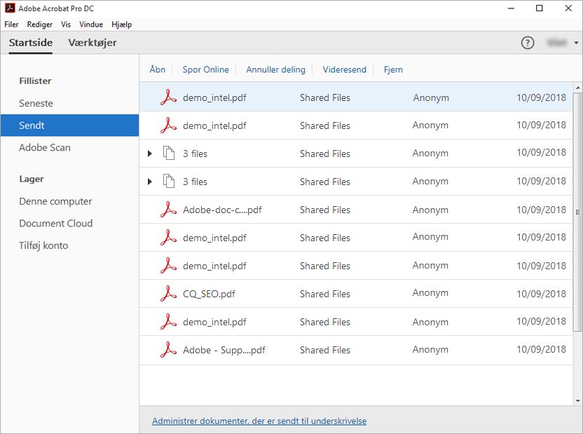 Visningen Sendte filer  i Acrobat