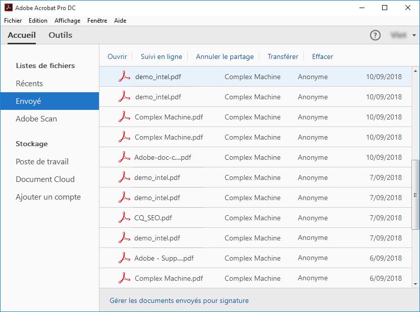 Affichage des fichiers envoyés dans Acrobat